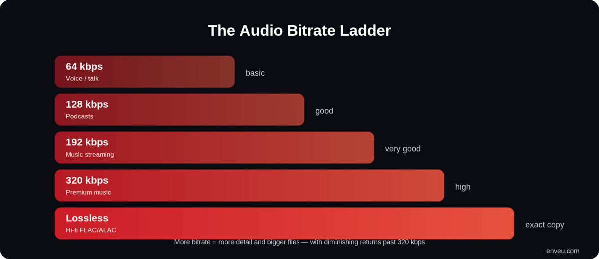 Audio bitrate ladder from 64 kbps voice up to lossless, with quality and best use