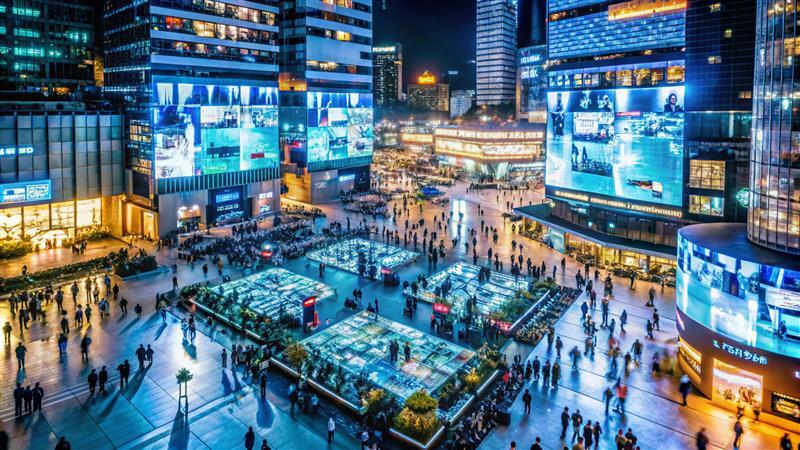 cityscape-with-glowing-illuminated-billboards-pedestrians